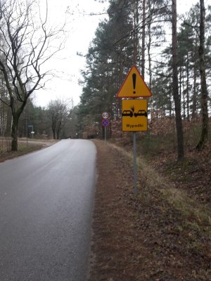 Zdjęcie przestawia odcinek drogi z oznakowaniem pionowym.