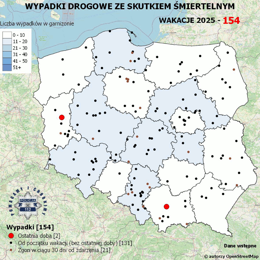 Mapa prezentująca liczbę wypadków poprzedniej doby w Polsce. Prezentowane dane są dostępne w tekście poniżej.