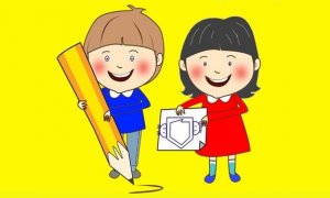 Zdjęcie przedstawia plakat, na który przedstawia chłopca i dziewczynkę na żółtym tle.