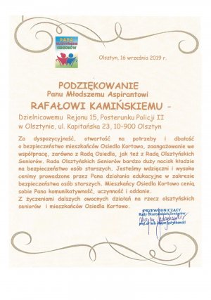 Rada Olsztyńskich Seniorów dziękuje dzielnicowemu Rafałowi Kamińskiemu za zaangażowanie podczas wykonywania codziennych obowiązków służbowych.
