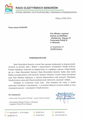 Rada Olsztyńskich Seniorów dziękuje za zaangażowanie podczas wykonywania obowiązków służbowych dzielnicowemu Rafałowi Kamińskiemu.