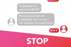 Zdjęcie przedstawia plakat informujący jak uniknąć oszustwa metodą na Blika.