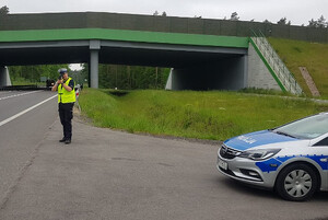 Zdjęcie przedstawia policjanta wykonującego pomiar prędkości.