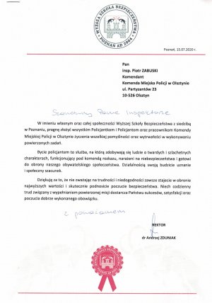 Życzenia z okazji Święta Policji od Rektora Wyższej Szkoły Bezpieczeństwa w Poznaniu dr Andrzeja Zduniak.
