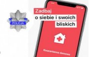 Logotyp Policji oraz fragment ulotki informacyjnej dotyczącej aplikacji kwarantanna domowa.