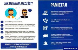 Zdjęcie przedstawi ulotkę informacyjną skierowaną do seniorów jak uniknąć działań oszustów podszywających się za policjantów lub wnuczków.