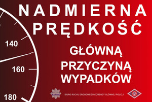 Zdjęcie przedstawia plakat akcji: nadmierna prędkość jedną z głównych przyczyn wypadków drogowych.