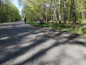 Na zdjęciu widoczne miejsce zdarzenia drogowego. Z dalekiej perspektywy wodoczny samochód osobowy znajdujący się w przydrożnym rowie. Auto jest przewrócone na dach.