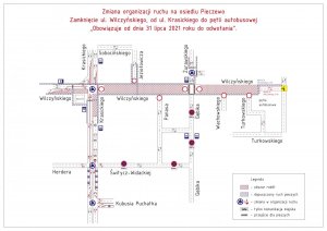 Zdjęcie przedstawia mapkę zmian w organizacji ruchu w związku z rozbudową linii tramwajowych w Olsztynie na osiedlu Pieczewo.