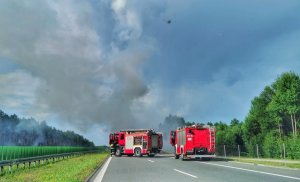 Miejsce pożaru auta ciężarowego wraz z naczepą. Na miejscu widać płonący pojazd ciężarowy wraz z naczepą typu wanna. Zdarzenie ma miejsce na jezdni dwupasmowej. Na zdjęciu widać dym wydobywający się z płonącego pojazdu oraz strażaków gaszących płomienie przy wykorzystaniu węża strażackiego.