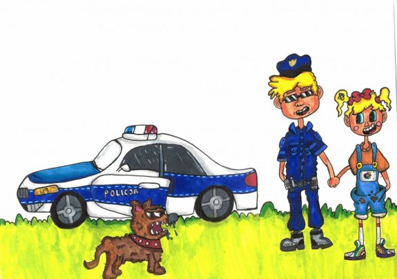 Zdjęcie przedstawia zapowiedź książki pt. &quot;Na ratunek Poli&quot;. Na zdjęciu widoczny jest radiowóz policyjny, chłopiec, dziewczynka i piesek.