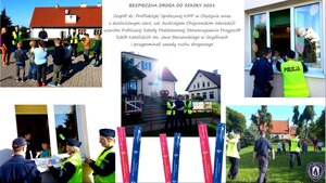Zdjęcie przedstawia policjantów rozdających odblaski dzieciom. Na zdjęciu znajduje się napis: "Bezpieczna Droga Do Szkoły 2021. Zespół ds. Profilaktyki Społecznej KMP w Olsztynie wraz z dzielnicowym sierż. szt. Andrzejem Chojnowskim odwiedzili uczniów Publicznej Szkoły Podstawowej Stowarzyszenia Przyjaciół Szkół Katolickich im. Jana Barczewskiego w Gryźlinach i przypomnieli zasady ruchu drogowego.