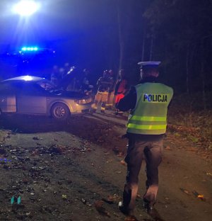 Zdjęcie przedstawia miejsce wypadku śmiertelnego w gminie Biskupiec. Na pierwszym planie znajduje się umundurowany policjant. W tle miejsce zdarzenia drogowego.