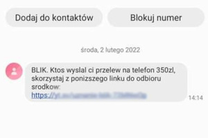 Zdjęcie przedstawia zrzut ekranu z telefonu komórkowego o treści: BLIK. Ktoś wysłał ci przelew na telefon 350 zł, skorzystaj z poniższego linku do obioru środków. Link.