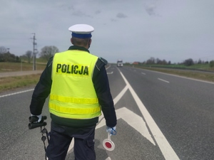 Zdjęcie przedstawia policjanta na drodze.