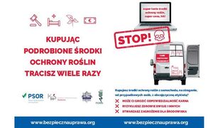 Plakat &amp;quot;Kupując podróbki tracisz wiele razy&amp;quot; z logo partnerów uczestniczących w akcji edukacyjnej. Treści w nim zawarte znajdują się w tekście"