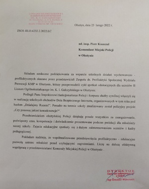 Zdjęcie przedstawia podziękowania przesłane Komendantowi Miejskiemu Policji w Olsztynie skierowane przez dyrekcje olsztyńskiego liceum.