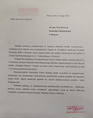Zdjęcie przedstawia podziękowania przesłane Komendantowi Miejskiemu Policji w Olsztynie skierowane przez dyrekcje olsztyńskiego liceum.