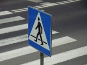 Zdjęcie przedstawia oznakowane przejście dla pieszych.