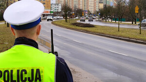 Zdjęcie przedstawia policjanta na drodze.