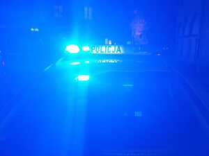 Zdjęcie przedstawia policyjny radiowóz nocą.