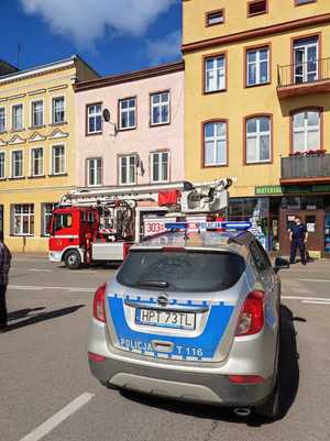 Zdjęcie przedstawia policyjny radiowóz w tle którego widać wóz straży pożarnej.