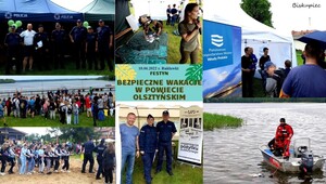 Kolaż zdjęć na których widać dzieci uczestniczące w festynach; na zdjęciu znajdują się dzieci i młodzież biorąca udział w festynie; pokazy służb ratunkowych; uczestnicy festynu oglądają pokazy służb ratunkowych. Po środku napis "Bezpieczne wakacje w powiecie olsztyńskim".