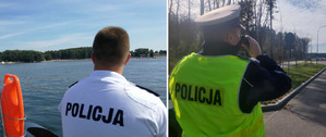 Zdjęcie przedstawia policyjnego wodniaka na łódce oraz policjanta na drodze.