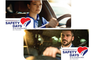 Dwa plakaty połączone w jeden. Po prawej stronie zdjęcie kobiety siedzącej za kierownicą, po lewej zdjęcie mężczyzny siedzącego za kierownicą