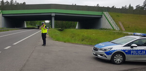 Zdjęcie przedstawia policjanta mierzącego prędkość oraz policyjny radiowóz.