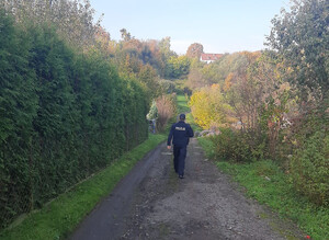 Zdjęcie przedstawia policjanta przechodzącego przez alejkę działkową.