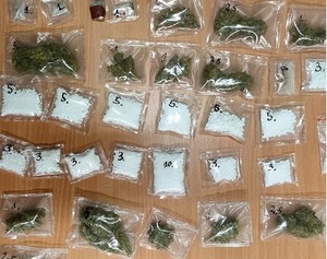 Zdjęcie przedstawia zabezpieczone narkotyki posortowane w woreczki foliowe.