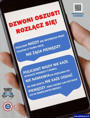 Zdjęcie przedstawia plakat akcji "Dzwoni oszust! Rozłącz się!".