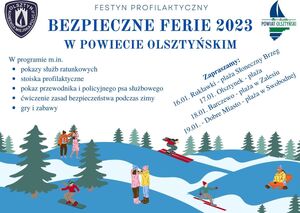 Zdjęcie przedstawia plakat promocyjny "Bezpieczne ferie w powiecie olsztyńskim".