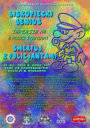 Plakat Komisariat Policji w Biskupcu zaprasza na II Piknik Rodzinny pn. ,,Smerfuj z policjantami”. Startujemy o godzinie 15:00 na Placu za Komisariatem Policji w Biskupcu! Na uczestników festynu czekać będzie moc piknikowych atrakcji m.in.: dzieci będą miały okazję zrobić sobie zdjęcie z Beniusiem, wsiąść do policyjnego radiowozu, obejrzeć sprzęt wykorzystywany w codziennej służbie przez policjantów z Wydziału Ruchu Drogowego i porozmawiać z policjantami o bezpieczeństwie. Zaprezentowany zostanie też sprzęt samodzielnego pododdziału kontrterrorystycznego policji, a także innych służb mundurowych. Dla śmiałków zorganizowany zostanie trening na siłowni pod okiem policyjnych instruktorów. Ponadto każdy będzie mógł skorzystać z dmuchanego placu zabaw, nauczyć się podstaw udzielania pierwszej pomocy, sprawdzić swoją wiedzę w konkursach z nagrodami,  a w przerwie skosztować kulinarnej niespodzianki.