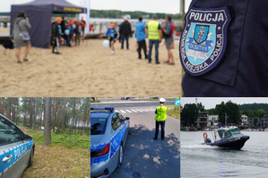 Zdjęcie przedstawia kolaż zdjęć na którym znajdują się policjanci, radiowozy, łódź oraz osoby na plaży.