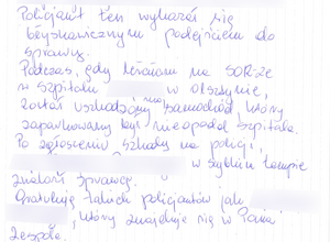 Zdjęcie przedstawia fragment odręcznych podziękowań.