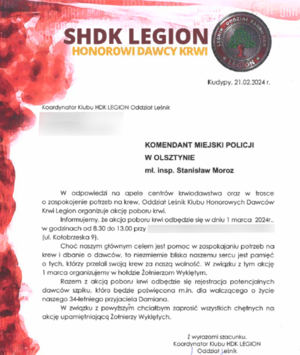 Plakat zachęcający do wzięcia udziału w organizowanych przez Oddział Klubu HDK Legion Oddział Leśnik akcji w hołdzie Żołnierzom Wyklętym w najbliższym czasie – w piątek (01.03.2024 r.) od 8.30 do 13.00 - ul. Kołobrzeska 9.