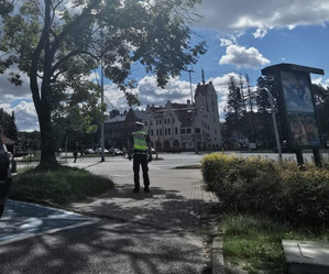 Zdjęcie przedstawia policjanta. W tle ruch uliczny.