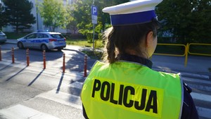 Zdjęcie przedstawia fragm,ent policjantki i przejście dla pieszych