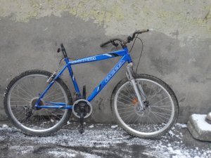 Zdjęcie przedstawia rower koloru niebieskiego bez siodełka. Na ramie znajduje się napis &quot;DELTA&quot;