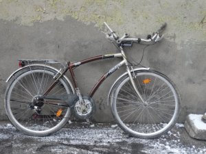 Zdjęcie przedstawia rower koloru brązowo-szarego. Na ramie znajduje się napis &quot;HORIZON&quot;. Rower nie posiada siodełka i ma skrzywioną kierownicę.